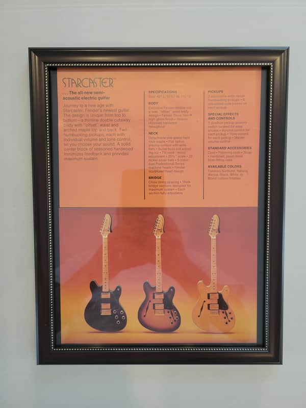 1975 Fender Guitars Dealer Color Promotional Ad Framed Fender Starcaster Electric Guitar Original image 1