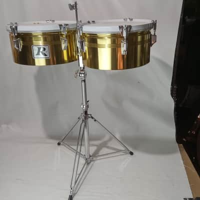 Rogers Natural BRASS Timbales NOS-OG-Box 6.5"x13/14+Big R Stand+Cowbell-Mt Drums image 5