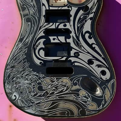 Black Sparkle XGP Stratocaster Style Laser Engraved Guitar Body with Solid Black Acrylic Pickguard and Tremolo Cover HSH, HSS, SSS Setups Available image 1