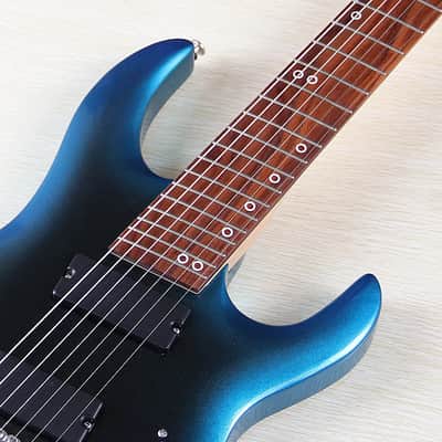 Metallic Blue 7 String Fanned Fret Custom Guitar, Solid Basswood Body with Maple Neck image 5