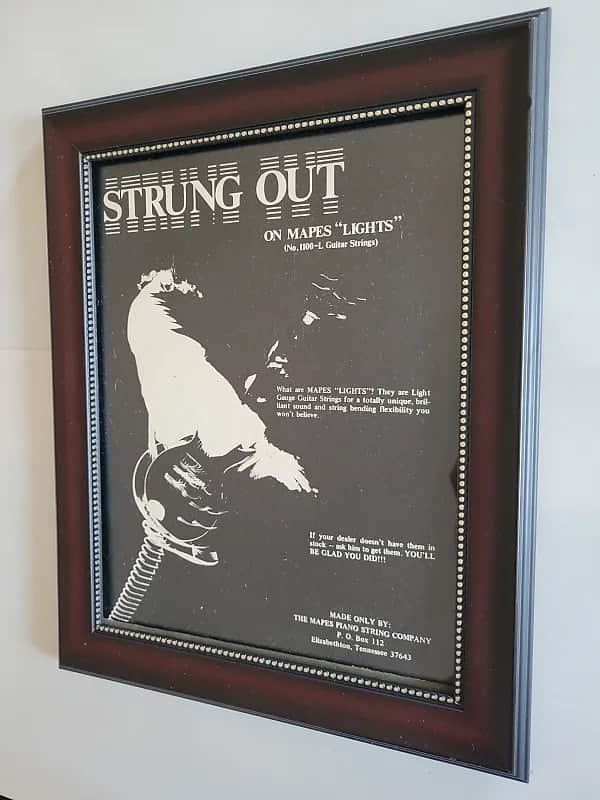 1974 Mapes Guitar Strings Promotional Ad Framed Mapes Lights Gibson Les Paul Custom Original image 1