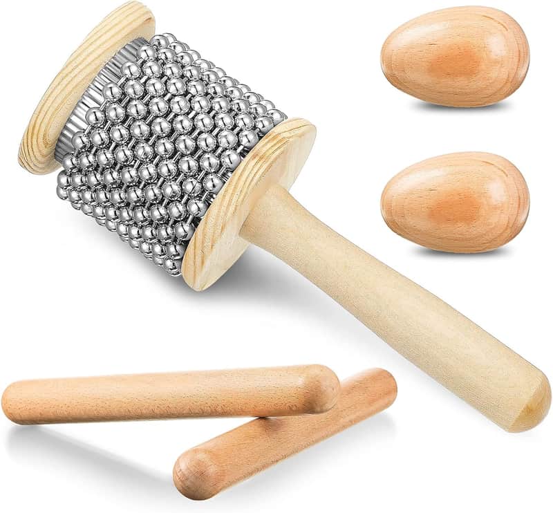5 Pcs Wooden Hand Percussion Instrument Set Mini Wooden Cabasa with Stainless Steel Breads Musical Latin Instrument Classical Wood Percussion Claves Rhythm Sticks Egg Shakers for Adult image 1