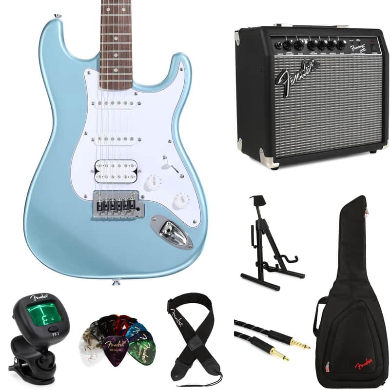 Squier Affinity Series Stratocaster Junior HSS Electric Guitar and Fender Amp Bundle - Ice Blue Metallic image 1