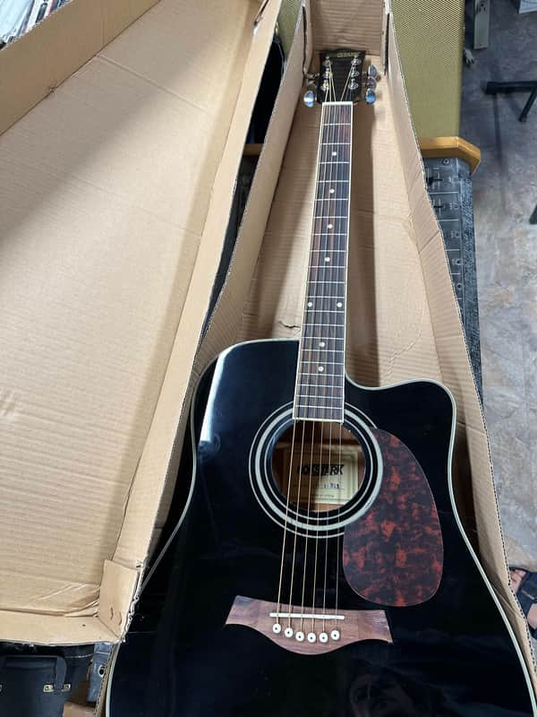 Rokstark Black Cutaway Dreadnought Acoustic – Model RS-5C-BLK w/ guitar stand image 1