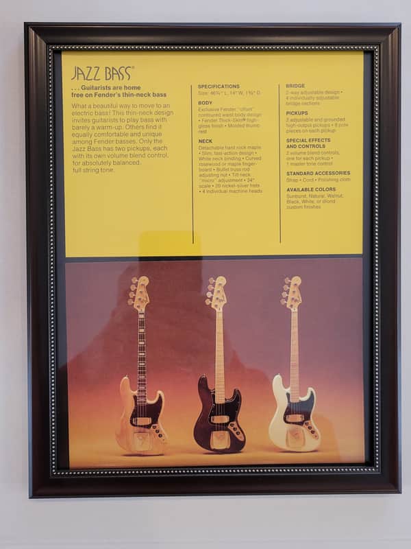 1975 Fender Guitars Dealer Color Promotional Ad Framed Fender Jazz Bass Original image 1