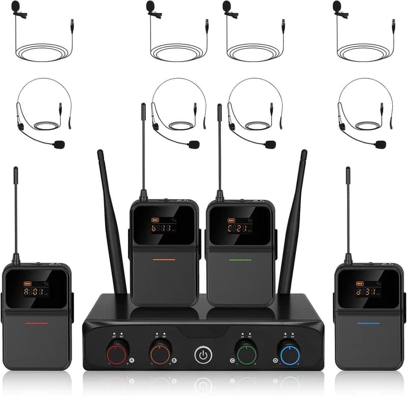 4-Channel Wireless Microphone System,UHF Compact Cordless Mic Set w/ 4x10 Frequencies, 200ft Range, 4 Bodypacks & Headset/Lapel Microphones for Singing, Church, Conference image 1
