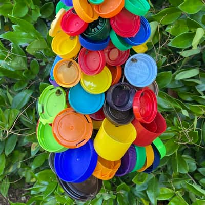 Upcycled Percussion - Extra Large Plastic Bottle Cap Waterfall Rattle / Shaker - Multicolor image 4