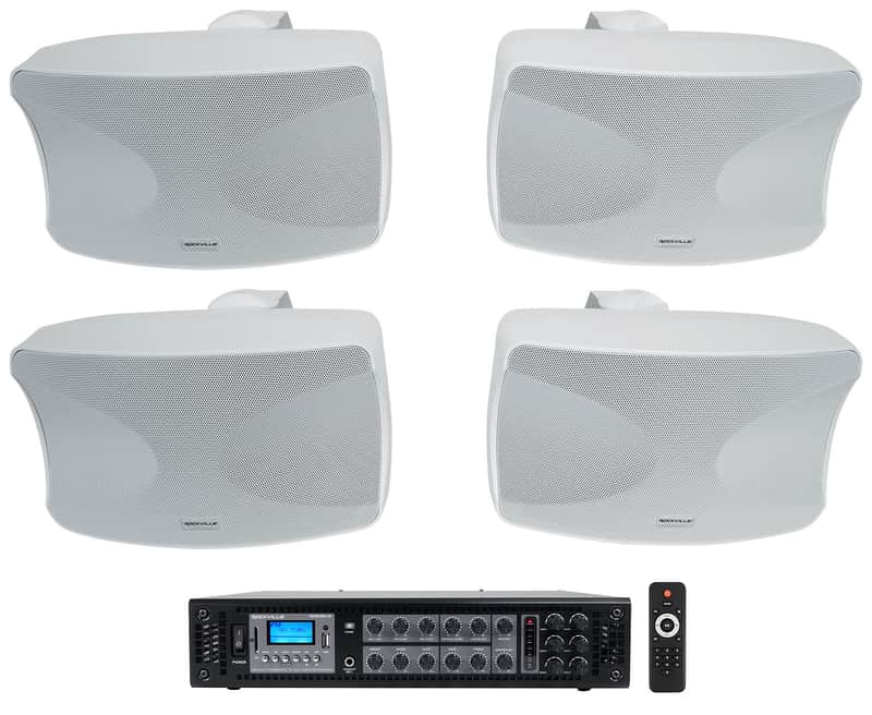 (4) Rockville WET-44 PRO Dual 4" 4-Way Swivel 70V Commercial Speakers in White+Amp image 1