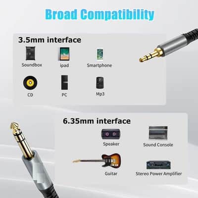 3.5mm to 6.35mm TRS Stereo Audio Cable, 6.35mm 1/4" Male to 3.5mm 1/8" Male TRS Stereo Audio Cable for iPod,Laptop,Home Theater Devices,Amplifiers and More (16.4 FT/5 Meter) image 2
