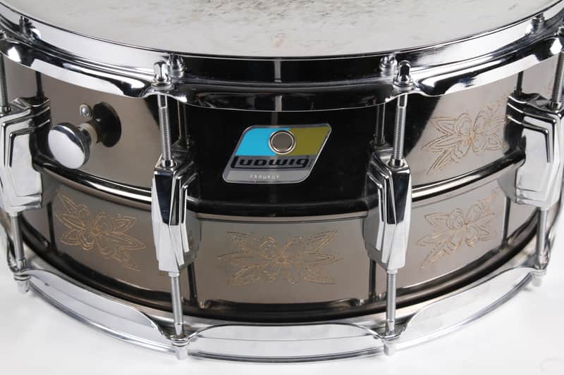 Ludwig No. 451 Engraved Black Beauty 6.5x14" Brass Snare Drum with Rounded Blue/Olive Badge 1979 - 1980 image 2