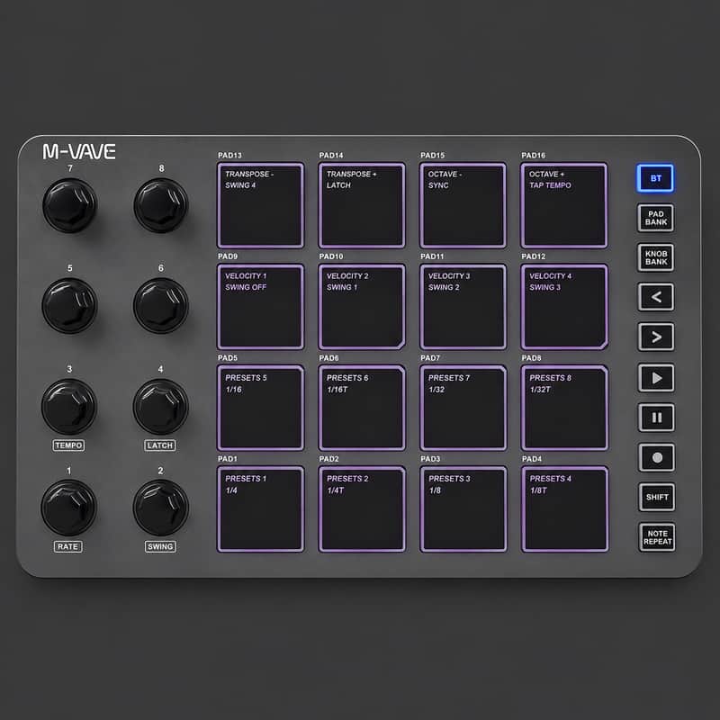 M-VAVE SMC-PAD Wireless MIDI Controller – 16 RGB Pads, 8 Knobs, USB-C & Bluetooth Drum Pad image 1