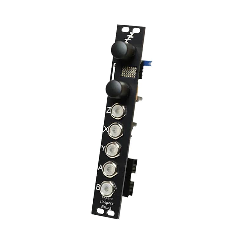 Black and silver electronic audio equipment panel with knobs and jacks.