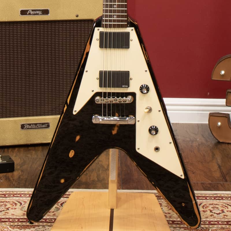 1997 Epiphone Flying V, Distressed Black w/ EMGs | Reverb