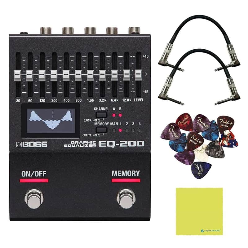 BOSS EQ-200 Graphic Equalizer Pedal Bundle with 2x 6" Right Angle Patch Cables, 12 Guitar Picks & Polishing Cloth – Dual-Channel 10-Band EQ with Memory, Stereo I/O & Graphic Display image 1