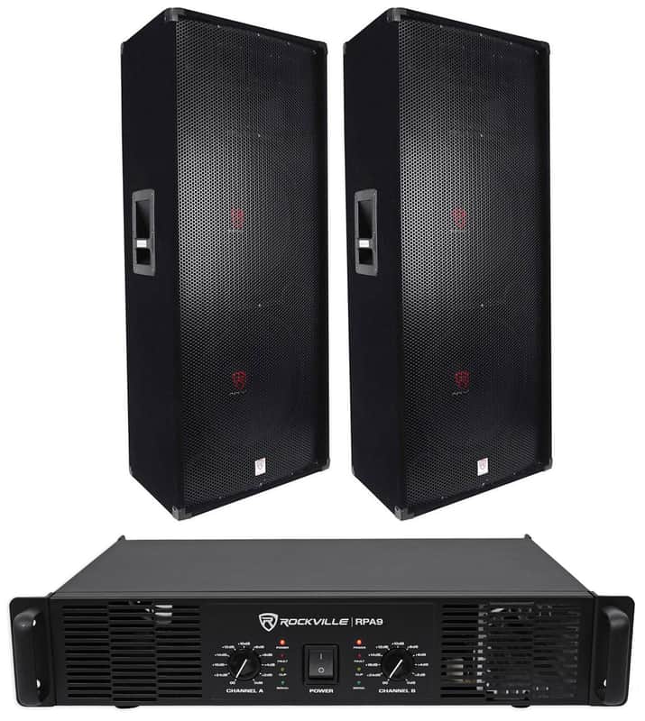 (2) Rockville RSG15.24 Dual 15” PA Speakers + Rockville RPA9 Power Amplifier Amp image 1