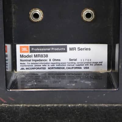 1990s JBL MR 838 3-Way Large Studio Live PA Monitors Black Carpet Cabinets 18” 10” Horn Speakers Bass Monitor Set image 18