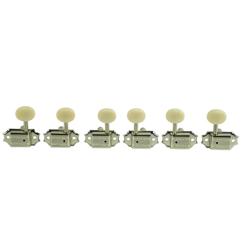 Kluson 3 Per Side Deluxe Series Tuning Machines - Double Line - Standard Post - Nickel With Plastic Oval Buttons image 1