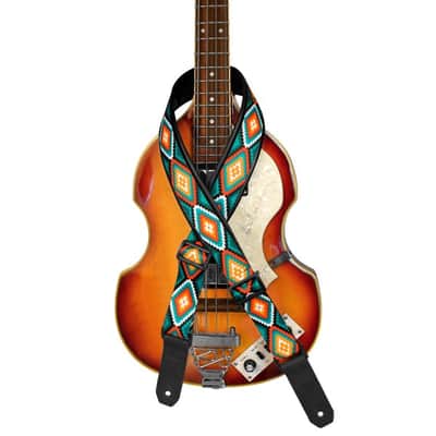 Strap for Guitar Ukrainian Nylon + Leather Ethnic Rhombus Blue Orange Colored image 6