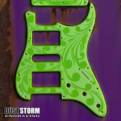 Black Sparkle XGP Stratocaster Style Laser Engraved Guitar Body with Solid Slimer Green Acrylic Pickguard and Tremolo Cover HSH, HSS, SSS Setups Available image 5