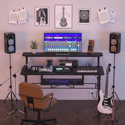 Music Production Studio Desk – Recording Workstation with Monitor Shelf, Keyboard Tray & Power Outlets image 2