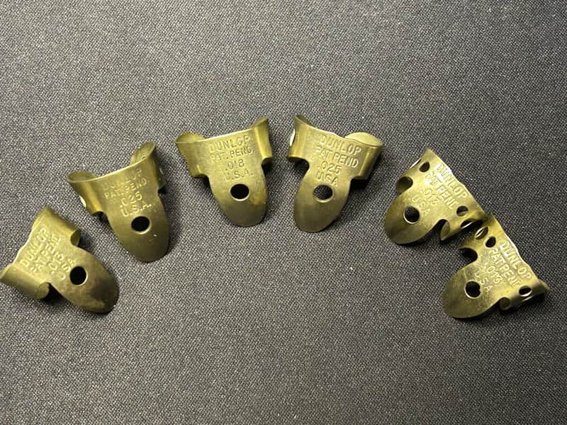 Set of 6 Vintage Dunlop Pat. Pend. Metal Fingerpicks 1940s-50s - Nickel image 1
