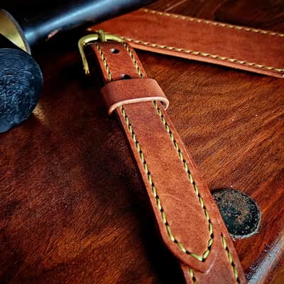 Handmade Leather Guitar Strap - Wolf in Chestnut and Pea Green [SOLD, MORE MADE TO ORDER] image 7