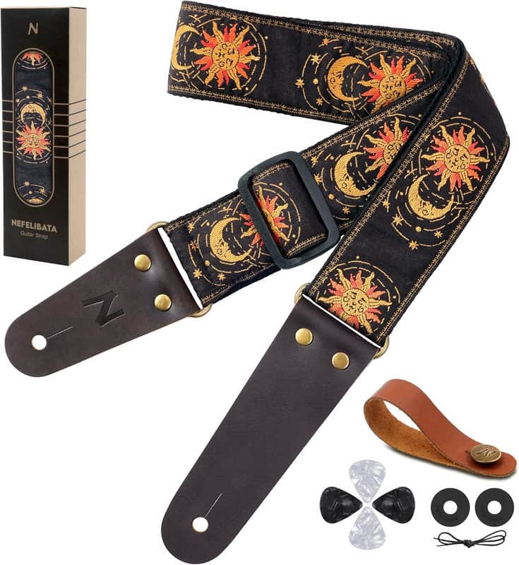 Sun & Moon Embroidered Guitar Strap w/ Leather Ends, Strap Locks & Picks for Acoustic Electric Bass Guitar image 1