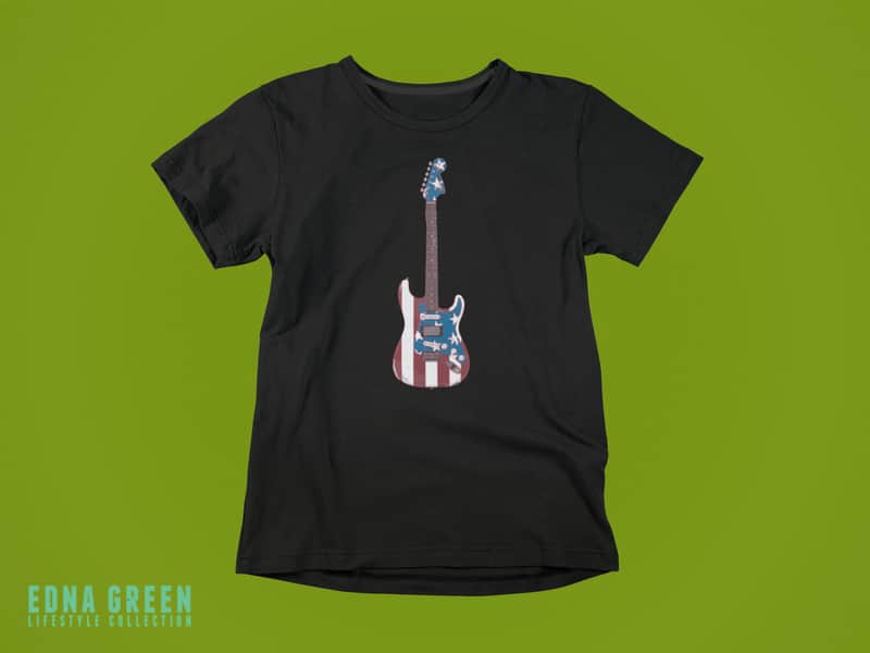 Stars and Stripes Guitar Custom Printed T-Shirt - Small Black image 1