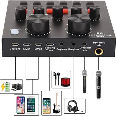 Podcast Equipment Bundle, Audio Interface with Voice Changer and BM800 Condenser Microphone, Audio Mixer Perfect for Recording, Broadcasting, Live Streaming image 4