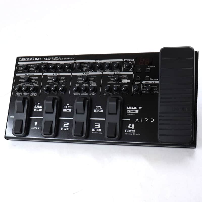 Black BOSS ME-90 multi-effects pedal with illuminated controls.