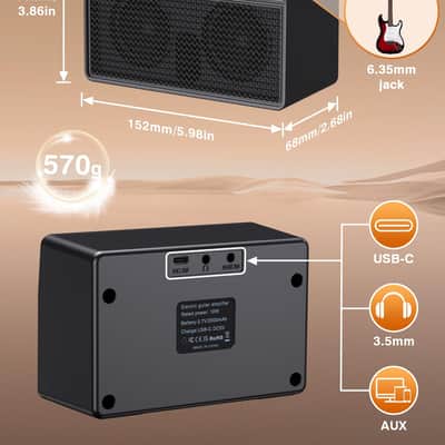 Mini Guitar Amp, 10W Electric Guitar Amplifier with Clean Drive Channel, 3.5mm Headphone/AUX Jack, 6H Work, USB-C Rechargeable Bluetooth Small Portable Amp for Indoor Practice Travel image 8