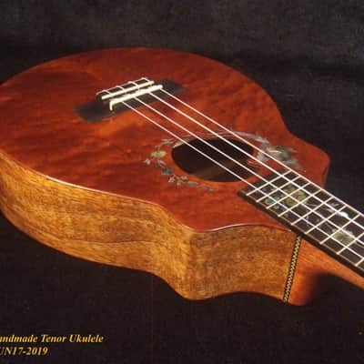 Handmade Tenor Ukulele, Solid Curly Mahogany, Spalted Rosewood, Bird & Floral inlay, Soft-bag, Bruce Wei UN17-2019 image 7