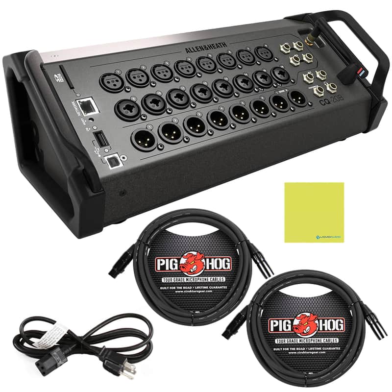 Allen & Heath AH-CQ20B Ultra-Compact 20in / 8out Digital Mixer Bundle w/ 2-Pack Pig Hog PHM15 Pig Hog 8mm Mic Cable, Power Cable and Liquid Audio Polishing Cloth image 1