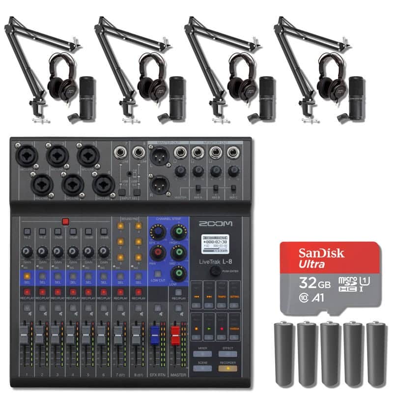 Zoom LiveTrak L-8 8-Channel Digital Mixer and Recorder with 4x ZDM-1 Podcast Microphone Packs, 4x Microphone Boom Arms, 5x AA Batteries and 32GB microSD Card with Adapter image 1