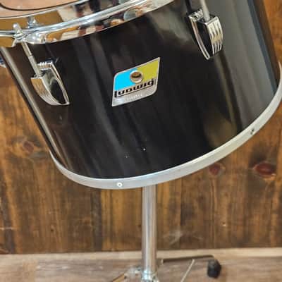 Vintage Late 1970s Ludwig Black Cortex Concert Toms 6.5x10 & 8x12 w/ Ludwig Double Tom Stand Blue & Olive Badges image 5