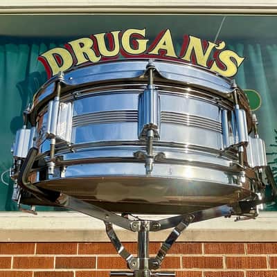 1960s Rogers 5x14 Dyna-Sonic 5-Line Snare Drum Chrome Over Brass Dynasonic COB image 7
