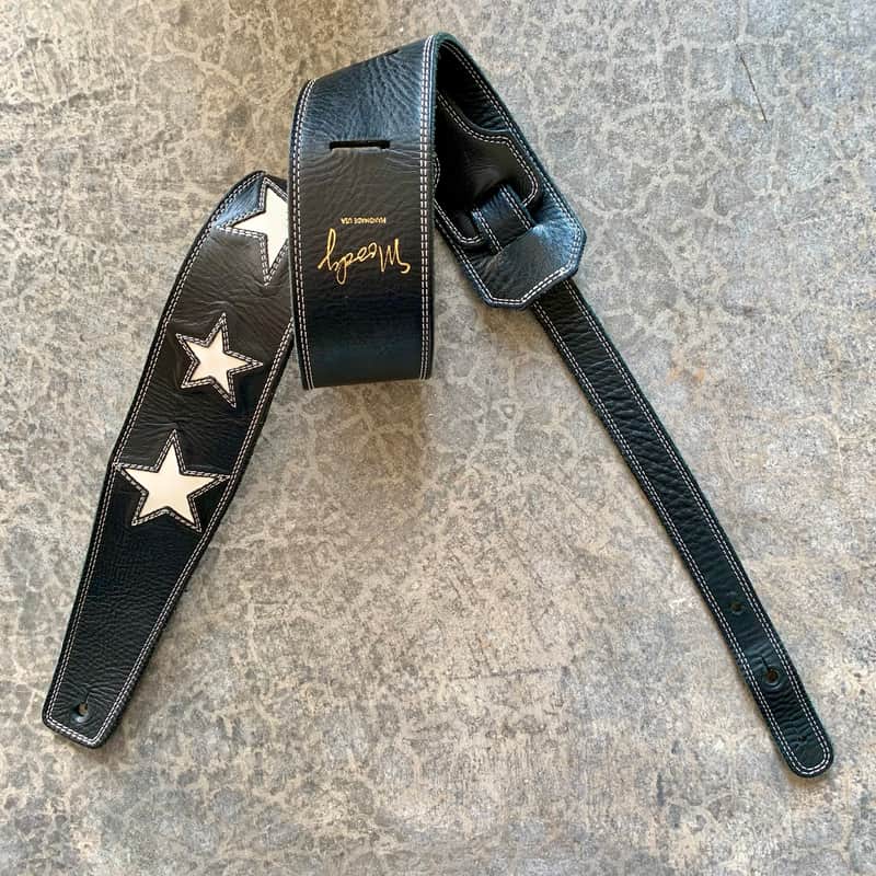 Moody 2.5" 3 White STARS Black/Black Leather Guitar Strap image 1