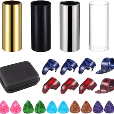 4 Pieces Medium Guitar Slide (3 Colors Steel Glides, 1 Pieces Glass Slide), Guitar Accessories Kit Include 10 Pieces Guitar Picks and 8 Pieces Plastic Thumb & Finger Picks in Storage Box image 1