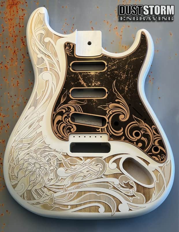 White Fender Strat Guitar Body Custom Laser Engraved Copper Mirror Pickguard with Tremolo Cover HSH, HSS, SSS Setup Available image 1