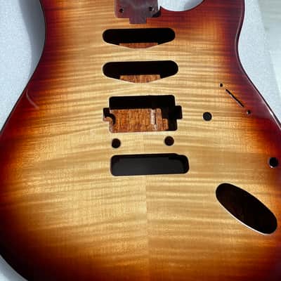 Vibrato system Strat Style Electric Guitar Body - Mahogany Core with 4a Flame Maple Top, Gloss 3-Color Sunburst Finish, S-S-H Pickup Routing, for DIY Build image 5
