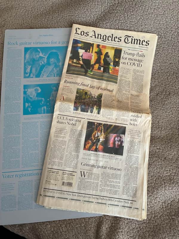 LA Times Eddie Van Halen Death Newspaper + Original Printing Plate – One‑of‑a‑Kind Rock History image 1