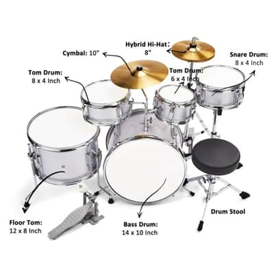 5-Piece Complete Junior Kids Drum Set Kit w/ Stool, Kick Pedal, Sticks & Tuning Key – Silver image 4