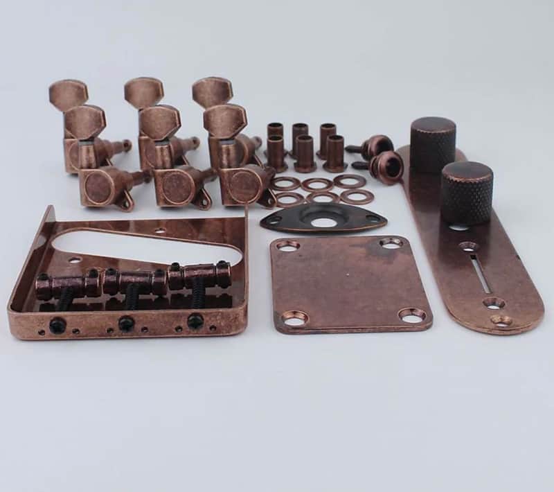 Tele Style Set Guitar Bronze Bridge, Control Plate, Knobs, Neck Plate, Jack Plate image 1