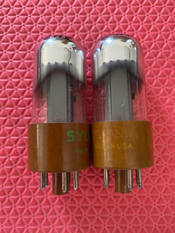 Matched Pair Sylvania 6V6 6V6GT 6P6 6P6P Vacuum Tubes Valves Clear Bottle Black Plates Tall Micanol Bases NOS-Testing image 1
