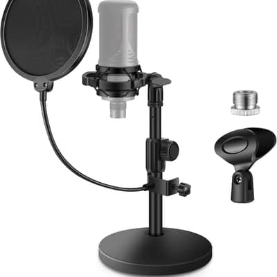 Mic Stand Desk, Adjustable Desktop Microphone Stand Table with Shock Mount Mic Clip Pop Filter 3/8" to 5/8" Adapter for Blue Yeti Hyper X QuadCast S AT2020 Fifine K669B Shure SM58 SM48 PGA48