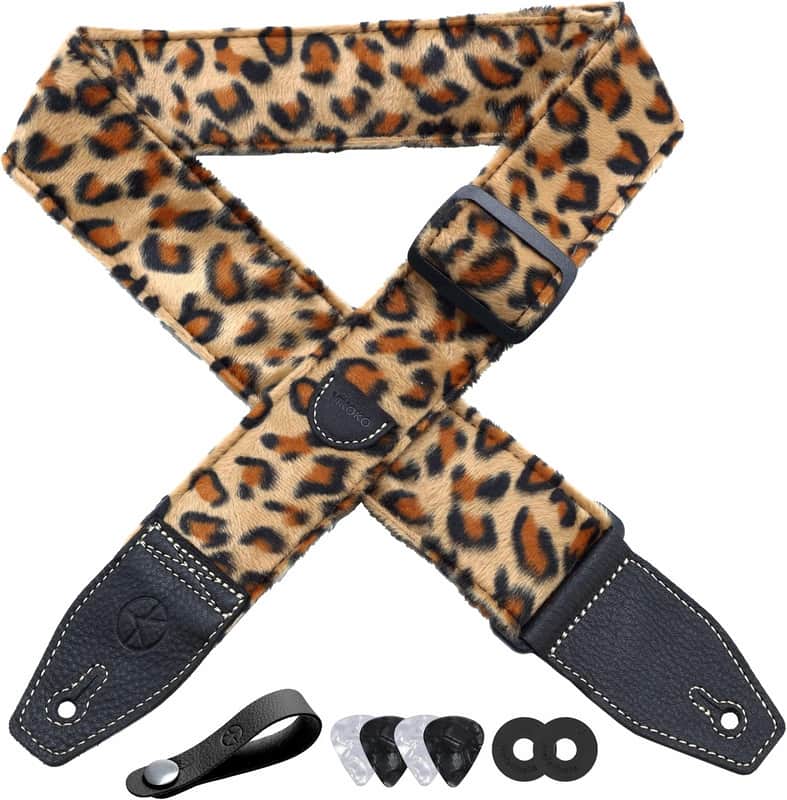 Guitar Strap 2 inch Velvet Guitar Straps with Full Grain Leather End, for Bass Electric and Acoustic Guitars, Free Strap Button, 2 Strap Locks and 4 Guitar Picks image 1