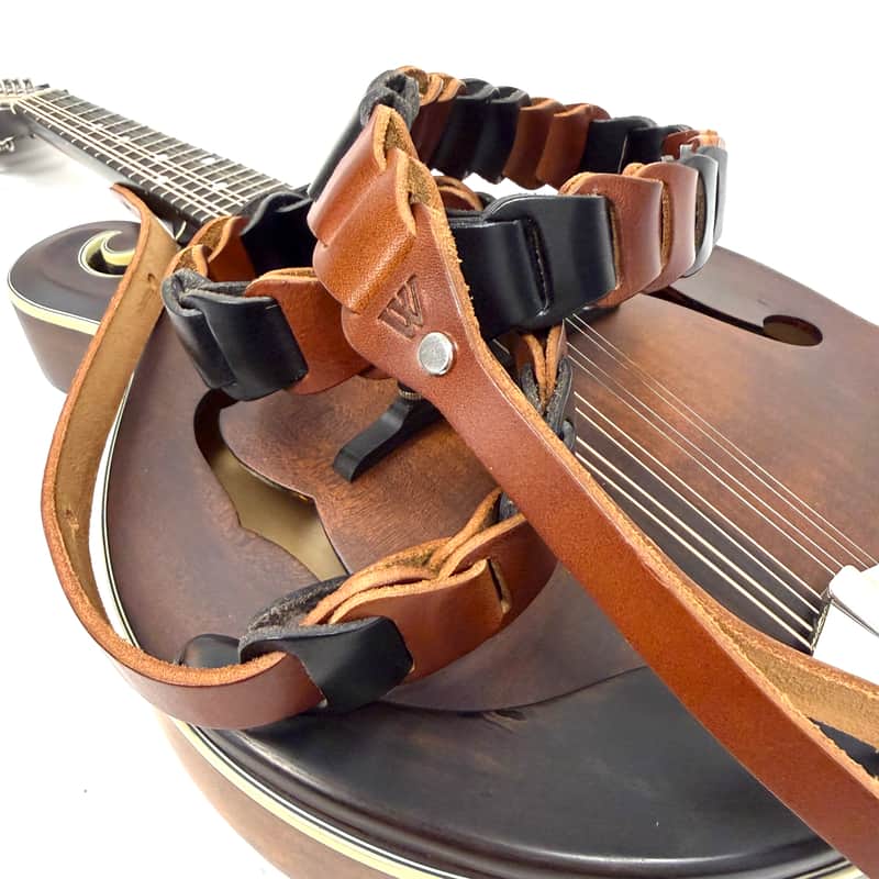 Walker And Williams M-71-CHT/BLK Throwback Series Chestnut Tan And Black Grain Leather "Latch" Mandolin Strap image 1