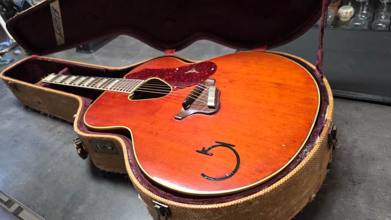 1954 Gretsch 6022 Rancher Jumbo Flat Top Western Orange Early 50s American Vintage 1950's USA G6022 Original Case G Brand Steer Logo Piezo Acoustic-Electric Guitar Spruce Maple Body Country Western Inlays Brazilian Rosewood image 1