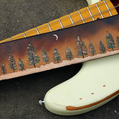 Burny Black Custom Guitar Strap - Pine trees Forest - Vegitable tanned leather For Acoustic or Electric Guitars made to order - oil image 7