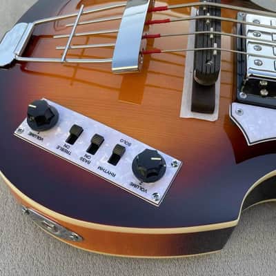 30" Short Scale Electric Violin Bass – Semi-Hollowbody, Flame Maple Back, Sunburst Finish image 6
